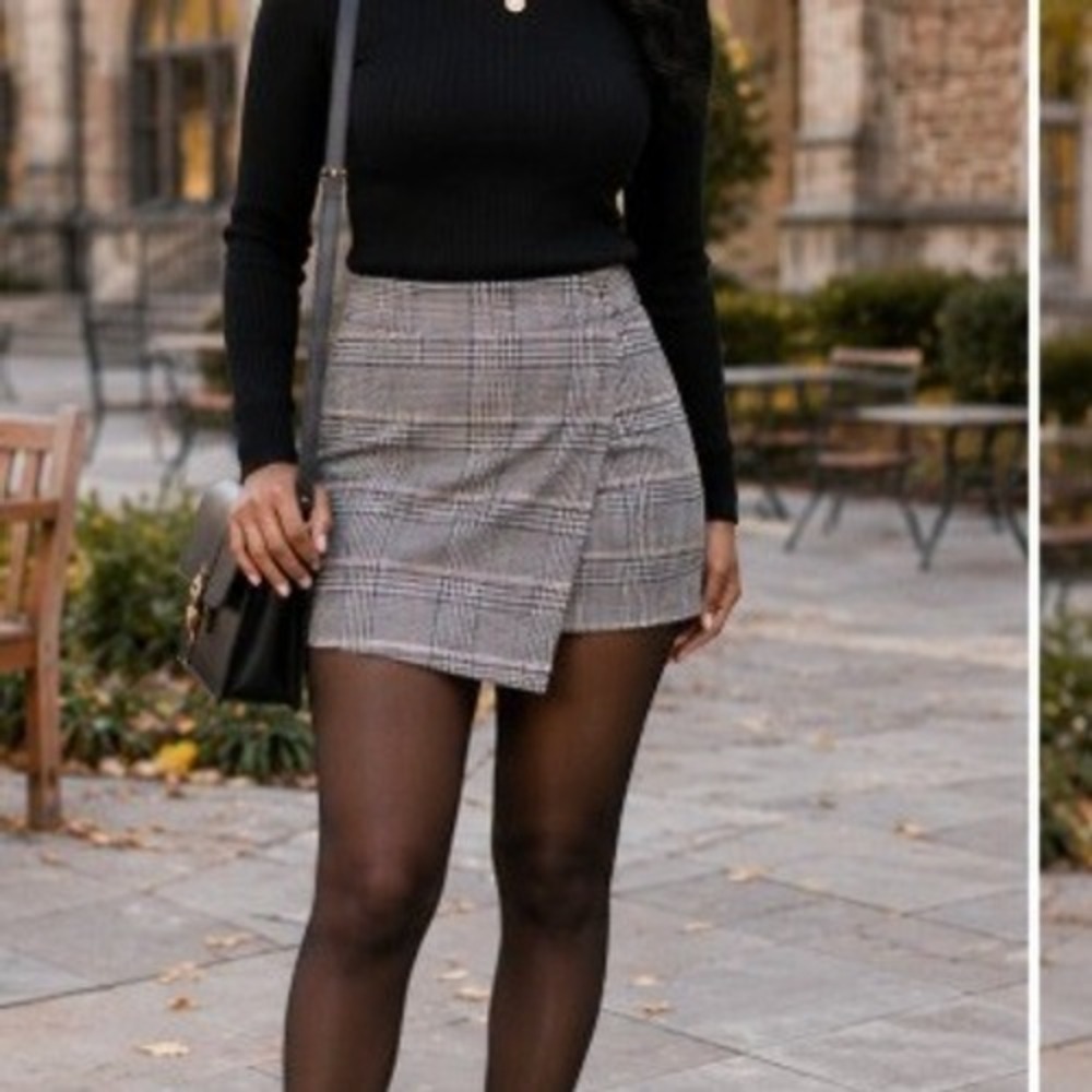 Forever 21 Preppy Faux Wrap Black White Plaid Skirt Women's Large